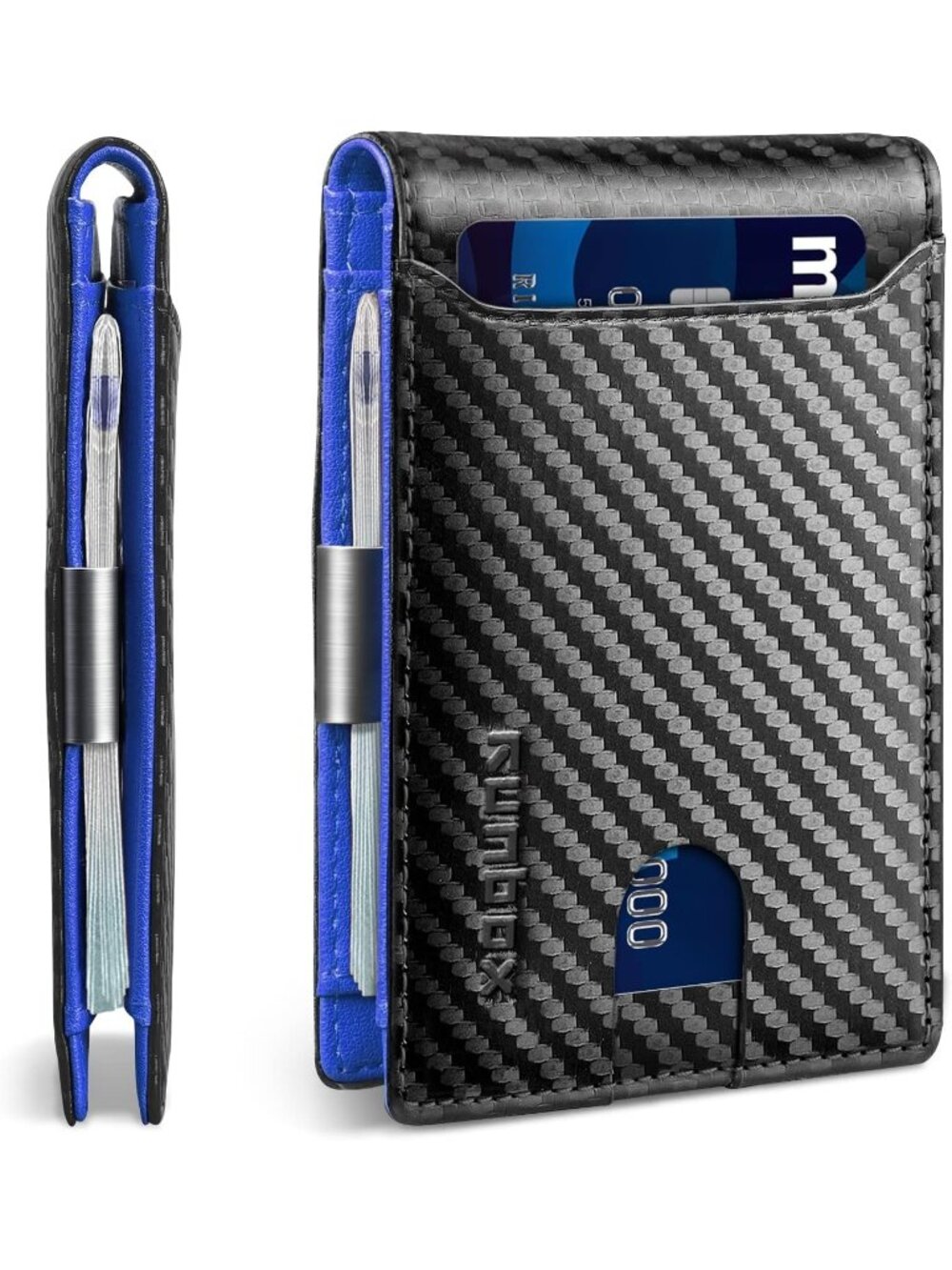 〽️Man Carbon Blue Leather Money RFID Blocking Pocket Bifold Credit Card Wallet